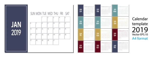 Wektor 2019 nowy rok kalendarza w tabeli czyste minimalne prosty styl i kolor niebieski rozmiar A4 — Wektor stockowy