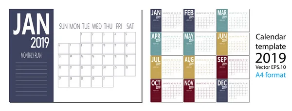 Vetor de 2019 calendário de ano novo em tabela mínima limpa estilo simples e tamanho A4 cor azul — Vetor de Stock