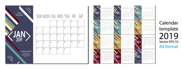 Vetor de 2019 calendário de ano novo em tabela mínima limpa estilo simples e tamanho A4 cor azul — Vetor de Stock