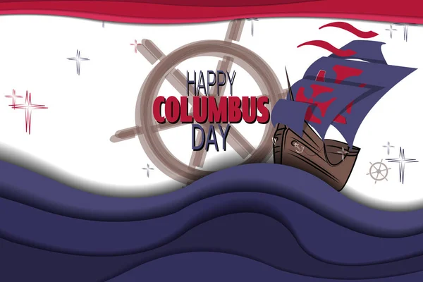 Feliz Día de Colón Fondo con barco y olas — Vector de stock