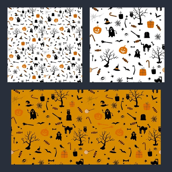 Set halloween desain pola mulus dengan hantu, labu dan kucing hitam - Stok Vektor