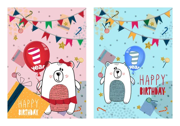 Zestaw Happy birthday karty projektu dla jednego roku życia dziecka — Wektor stockowy