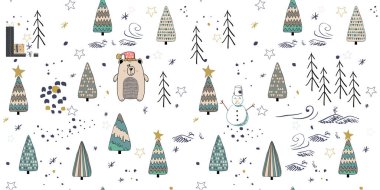 Sevimli kış ağaçlar Dikişsiz desen beyaz arka plan üzerinde