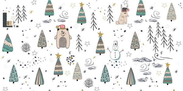 Cute winter trees seamless pattern on white background — Stock Vector