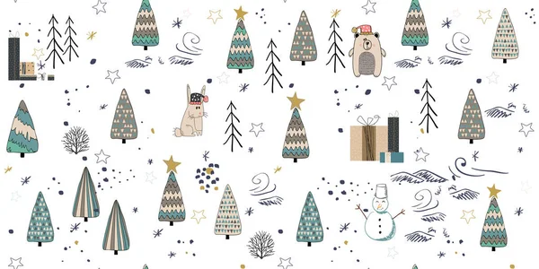 Cute winter trees seamless pattern on white background — Stock Vector