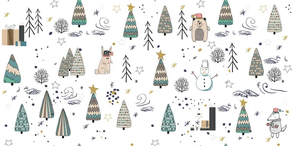 Cute winter trees seamless pattern on white background — Stock Vector