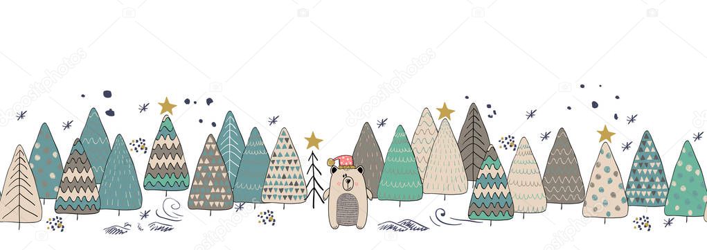 Winter forest christmas seamless background with cute bear.