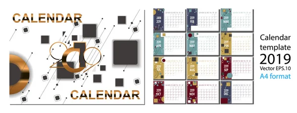 Calendário de ano novo 2019 com figuras geométricas simples . — Vetor de Stock