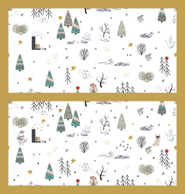 Kış orman arka hayvanlar ve ağaçlar ile kümesi. Seamless modeli. Yatay değişim yarım desen