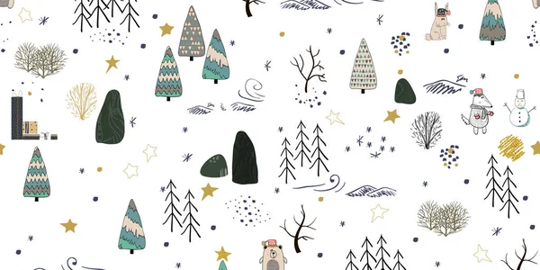 Winter forest background with animals and trees. Seamless pattern. Horizontal shift half pattern — Stock Vector