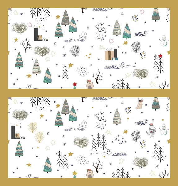 Conjunto de fondos forestales de invierno con animales y árboles. Patrón sin costuras. Patrón medio de desplazamiento horizontal — Vector de stock