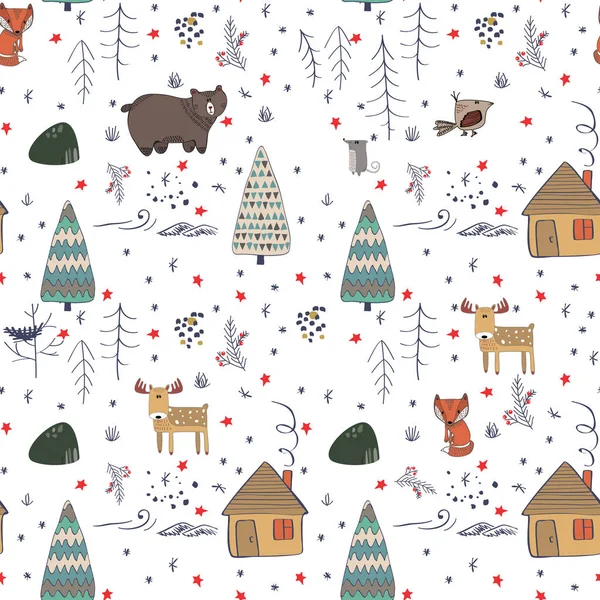 Winter forest background with animals and trees. Seamless pattern — Stock Vector
