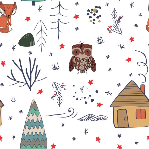 Зимовий лісовий фон з тваринами та деревами. Безшовний візерунок — стоковий вектор