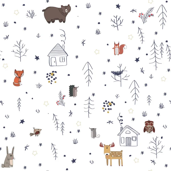 Winter forest background with animals and trees. Seamless pattern — Stock Vector