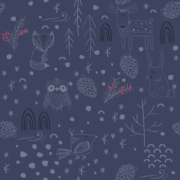 Winterwald Hintergrund Mit Tieren Und Bäumen Nahtlose Darstellung Von Mustervektoren — Stockvektor