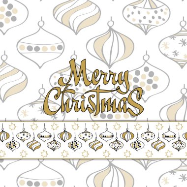 Neşeli Noel kartı Noel oyuncaklar beyaz, altın ve siyah renkler ile.