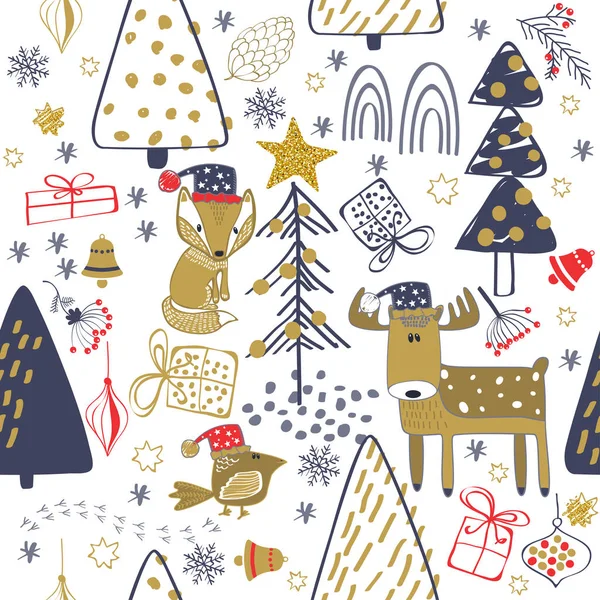 Winter forest background with animals and trees. Seamless pattern — Stock Vector