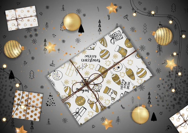 Tarjeta de felicitación de Feliz Navidad con caja de regalo creativa . — Vector de stock