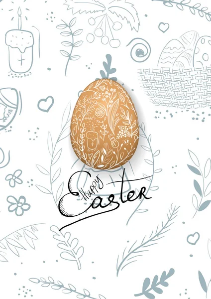 Composición de Pascua con huevos y fondo dibujado a mano . — Vector de stock