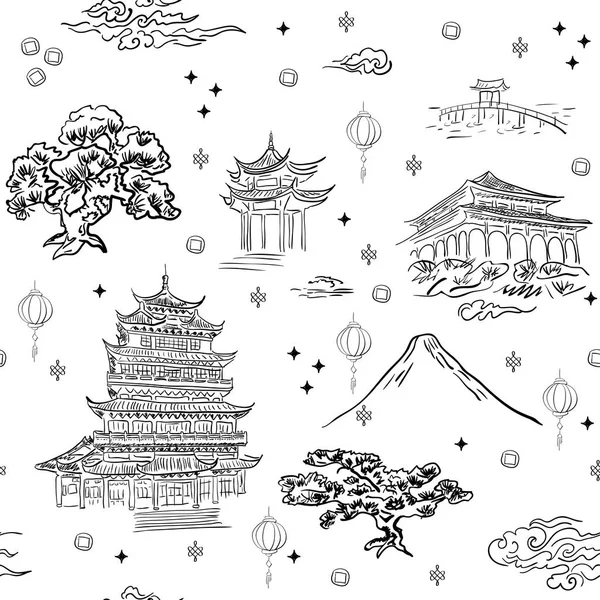 Fondo de patrón sin costura paisaje chino con elementos handdrown — Archivo Imágenes Vectoriales