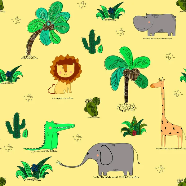 Patrón sin costuras con lindos animales africanos y plantas tropicales . — Vector de stock
