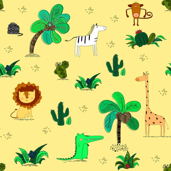 Seamless pattern with cute african animals and tropical plants. — Stock Vector
