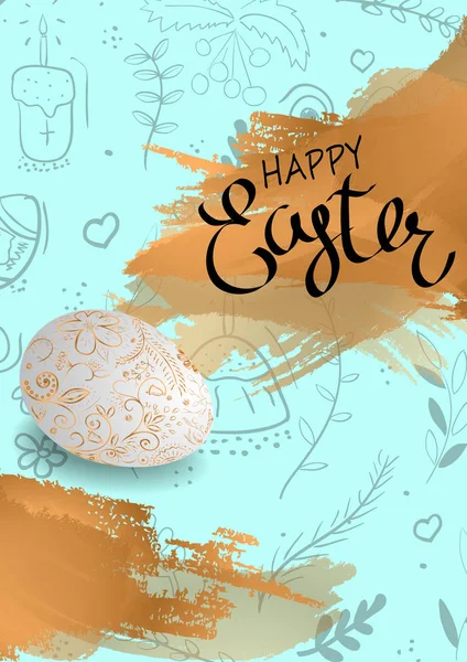 Feliz Pascua letras handahown fondo con huevos realistas . — Vector de stock