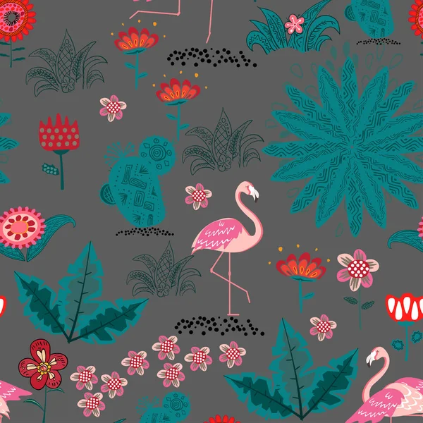 シームレスなパターン。フラミンゴと熱帯林繊維組成物. — ストックベクタ