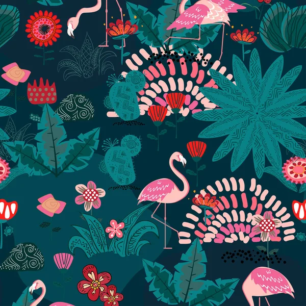 シームレスなパターン。フラミンゴと熱帯林繊維組成物. — ストックベクタ