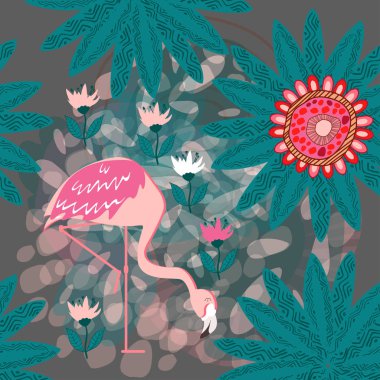 Kusursuz desen. Flamingo ve tropik bir orman. Tekstil kompozisyonu.