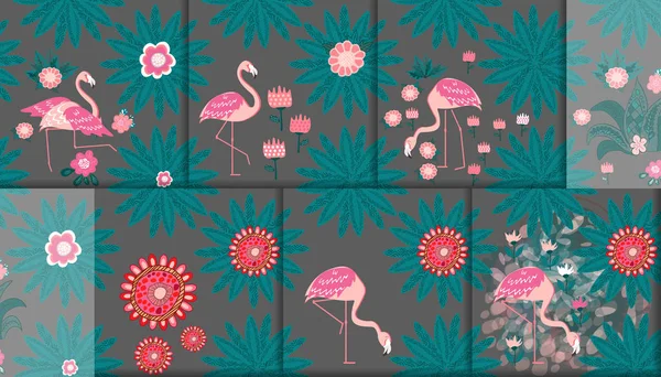 Conjunto de padrões sem costura. Flamingo e uma floresta tropical. Composição têxtil . — Vetor de Stock
