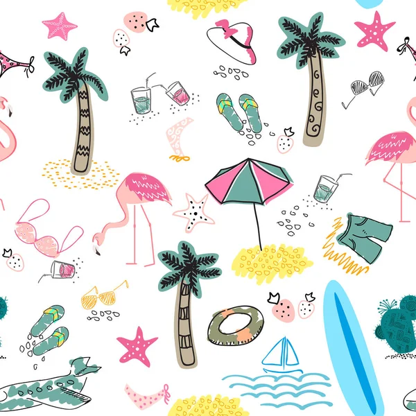 手描きのビーチ要素とカラフルなシームレスな夏のパターン. — ストックベクタ