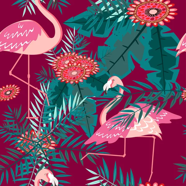 Seamless pattern. Flamingo and a Tropical forest. Textile composition. — Stock Vector