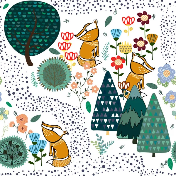 夏季森林无缝模式背景与狐狸 — 图库矢量图片
