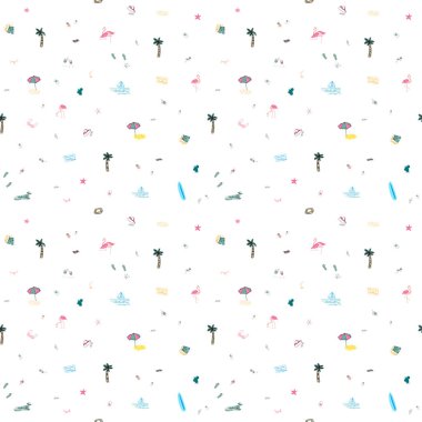 Elle çizilmiş plaj elementleriyle renksiz yaz deseni.