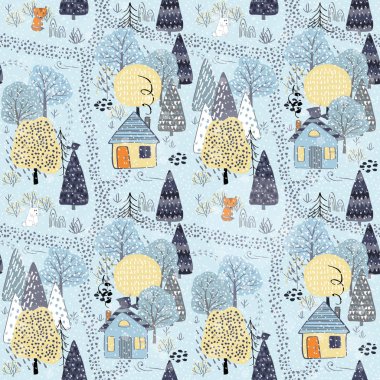 Kış ağaçları ile orman dikişsiz desen arka plan.