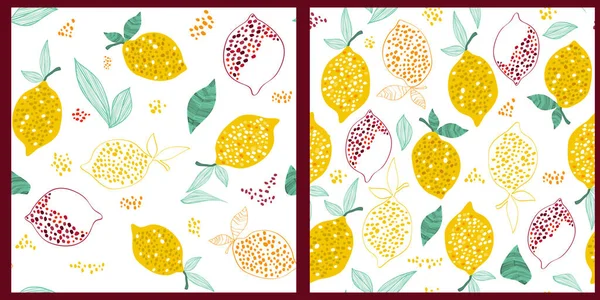 Uppsättning sömlösa mönster med citroner på vit bakgrund — Stock vektor