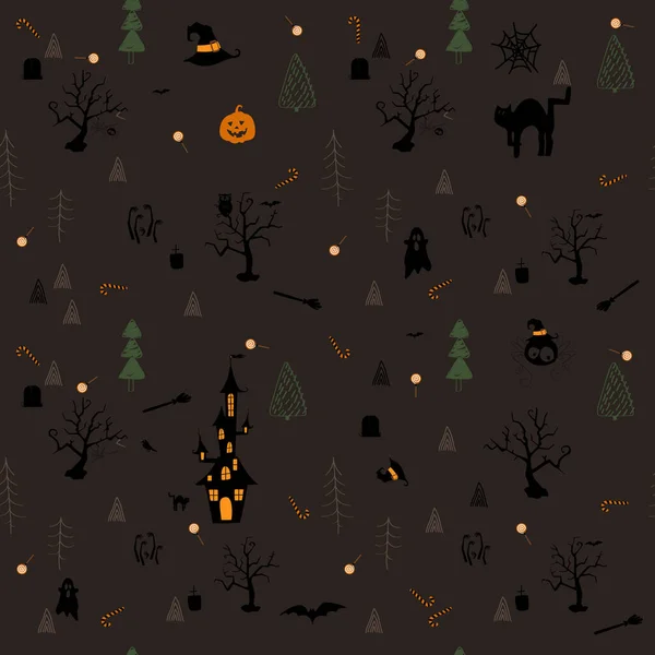 Бесшовный Хэллоуин тема шаблон на темном фоне — стоковый вектор