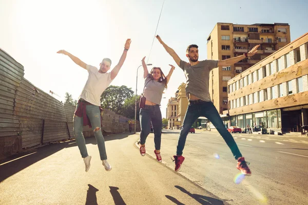 Group Young Best Friends Having Fun Together Walking Town Street — Stock Photo, Image