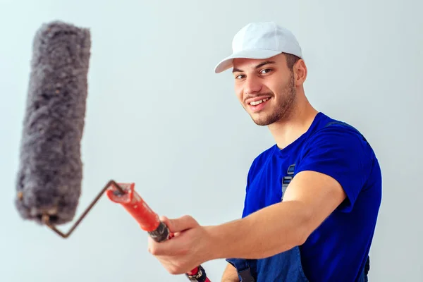 Man Blue Overall Prepare Painting Room Paint Roller — Stock Photo, Image