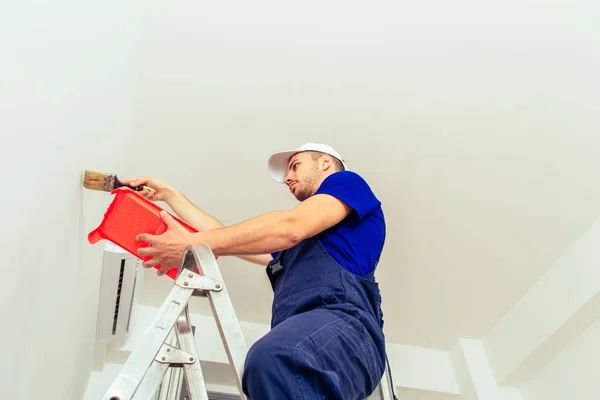 Joven Decorador Masculino Con Pincel Pie Escala Mientras Que Pared —  Fotos de Stock