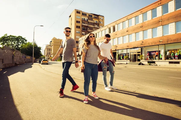 Happy Group Young People Walking Together Sunny Day — Stock Photo, Image
