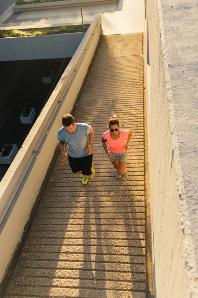 Runners Training Outise While Jogging Sunset — Stock Photo, Image