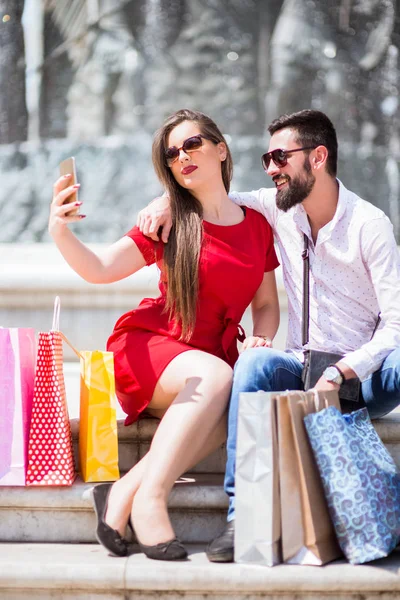 Shopping Staden Romantiskt Par Som Har Roligt Makedoniens Gator — Stockfoto