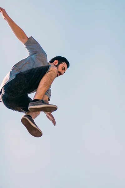 Full Body Portrait Parkour Man Jumping High Air — Stock Photo, Image