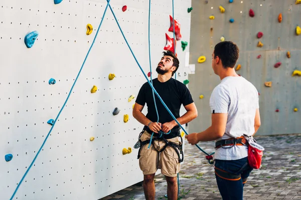 Young Climber Team Prepare Safety Harness Belt Bouldering — Stock Photo, Image