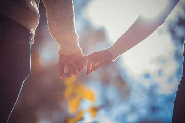 Attractive Modern Couple Holding Hands Outdoors Sunny Day — Stock Photo, Image
