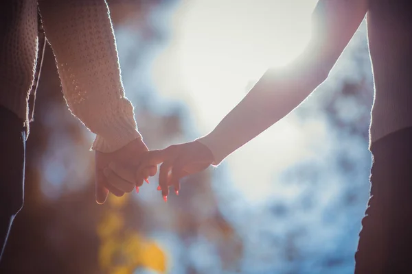 Pareja Enamorada Caminando Parque Otoño Tomados Mano Mirando Luz Del — Foto de Stock