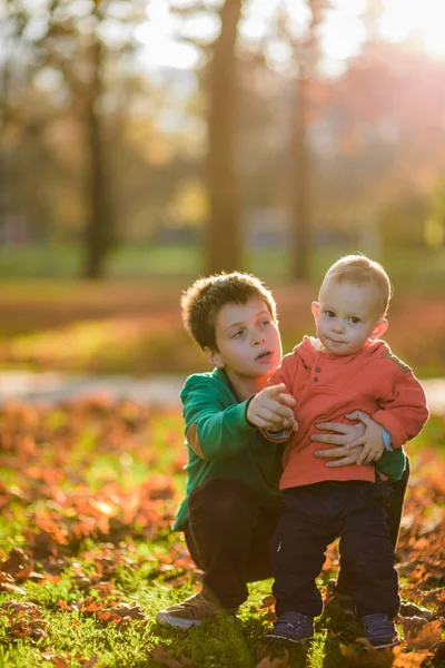 Felices Hermanos Juntos Parque Durante Día Otoño —  Fotos de Stock