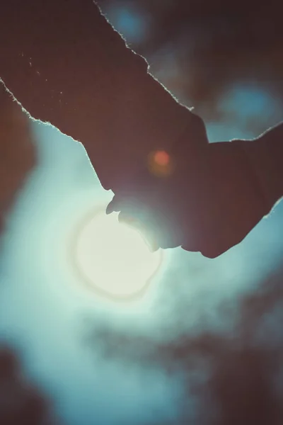 恋爱中的一对在秋天的公园里手牵手走着 在白天的阳光下看着 — 图库照片
